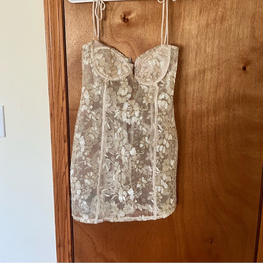 Gold corset Dress (beige under bloomers) included. Size small, only wore once.